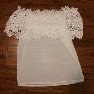 Sheer off the shoulder white top w/ floral detail